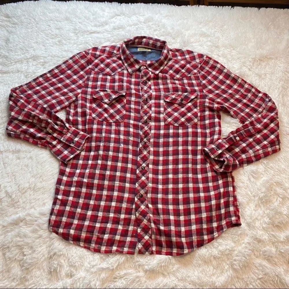 Roebuck & Co Red/White Plaid Flannel Button Down Shirt, Size Large